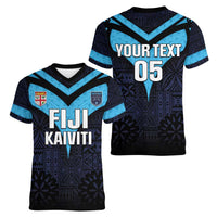 Custom Fiji Kaiviti Rugby Women V-Neck T-Shirt Fiji Tapa Pattern