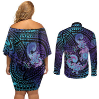 Hawaii Makahiki Turtle Couples Matching Off Shoulder Short Dress and Long Sleeve Button Shirt Spiral Polynesian Tattoo