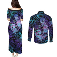 Hawaii Makahiki Turtle Couples Matching Puletasi and Long Sleeve Button Shirt Spiral Polynesian Tattoo
