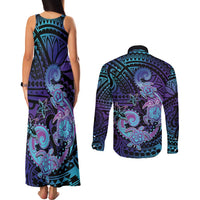 Hawaii Makahiki Turtle Couples Matching Tank Maxi Dress and Long Sleeve Button Shirt Spiral Polynesian Tattoo