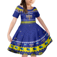 Personalised Polynesia Christmukkah Family Matching Mermaid Dress and Hawaiian Shirt Menorah With Polynesian Tribal Pattern LT05 Daughter's Dress Blue - Polynesian Pride