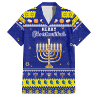 Personalised Polynesia Christmukkah Family Matching Off Shoulder Long Sleeve Dress and Hawaiian Shirt Menorah With Polynesian Tribal Pattern LT05 Dad's Shirt - Short Sleeve Blue - Polynesian Pride