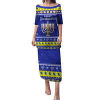 Personalised Polynesia Christmukkah Family Matching Puletasi Dress and Hawaiian Shirt Menorah With Polynesian Tribal Pattern LT05 Mom's Dress Blue - Polynesian Pride