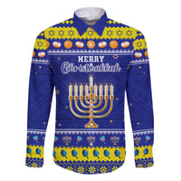 Personalised Polynesia Christmukkah Family Matching Short Sleeve Bodycon Dress and Hawaiian Shirt Menorah With Polynesian Tribal Pattern LT05 Dad's Shirt - Long Sleeve Blue - Polynesian Pride