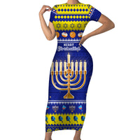 Personalised Polynesia Christmukkah Short Sleeve Bodycon Dress Menorah With Polynesian Tribal Pattern LT05 Long Dress Blue - Polynesian Pride