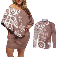 Polynesia Couples Matching Off Shoulder Short Dress and Long Sleeve Button Shirt Brown Tribal Turtle Floral Pattern
