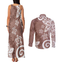 Polynesia Couples Matching Tank Maxi Dress and Long Sleeve Button Shirt Brown Tribal Turtle Floral Pattern
