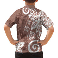 Polynesia Family Matching Off The Shoulder Long Sleeve Dress and Hawaiian Shirt Brown Tribal Turtle Floral Pattern
