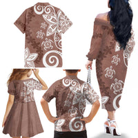 Polynesia Family Matching Off The Shoulder Long Sleeve Dress and Hawaiian Shirt Brown Tribal Turtle Floral Pattern
