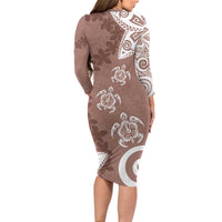 Polynesia Long Sleeve Bodycon Dress Brown Tribal Turtle Floral Pattern