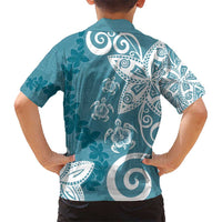 Polynesia Kid Hawaiian Shirt Hippie Blue Tribal Turtle Floral Pattern