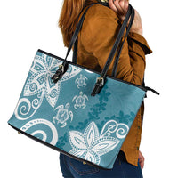 Polynesia Leather Tote Bag Hippie Blue Tribal Turtle Floral Pattern