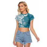 Polynesia Raglan Cropped T Shirt Hippie Blue Tribal Turtle Floral Pattern