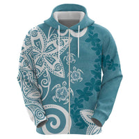 Polynesia Zip Hoodie Hippie Blue Tribal Turtle Floral Pattern LT05 - Polynesian Pride