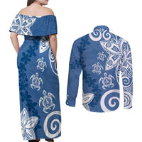 Polynesia Couples Matching Off Shoulder Maxi Dress and Long Sleeve Button Shirt Blue Tribal Turtle Floral Pattern
