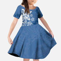 Polynesia Family Matching Off Shoulder Maxi Dress and Hawaiian Shirt Blue Tribal Turtle Floral Pattern LT05 Daughter's Dress Blue - Polynesian Pride