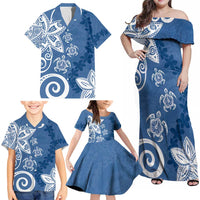 Polynesia Family Matching Off Shoulder Maxi Dress and Hawaiian Shirt Blue Tribal Turtle Floral Pattern LT05 - Polynesian Pride