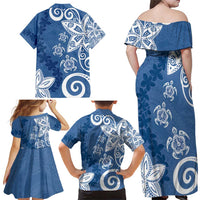 Polynesia Family Matching Off Shoulder Maxi Dress and Hawaiian Shirt Blue Tribal Turtle Floral Pattern LT05 - Polynesian Pride