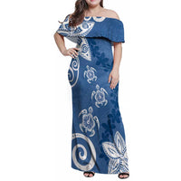Polynesia Family Matching Off Shoulder Maxi Dress and Hawaiian Shirt Blue Tribal Turtle Floral Pattern LT05 Mom's Dress Blue - Polynesian Pride