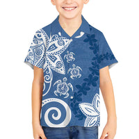 Polynesia Family Matching Off Shoulder Maxi Dress and Hawaiian Shirt Blue Tribal Turtle Floral Pattern LT05 Son's Shirt Blue - Polynesian Pride
