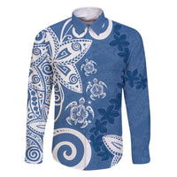 Polynesia Family Matching Tank Maxi Dress and Hawaiian Shirt Blue Tribal Turtle Floral Pattern LT05 Dad's Shirt - Long Sleeve Blue - Polynesian Pride