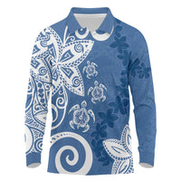 Polynesia Long Sleeve Polo Shirt Blue Tribal Turtle Floral Pattern