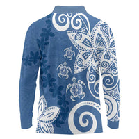 Polynesia Long Sleeve Polo Shirt Blue Tribal Turtle Floral Pattern