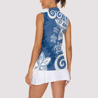 Polynesia Women Sleeveless Polo Shirt Blue Tribal Turtle Floral Pattern
