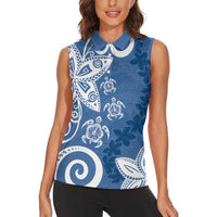 Polynesia Women Sleeveless Polo Shirt Blue Tribal Turtle Floral Pattern