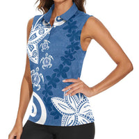 Polynesia Women Sleeveless Polo Shirt Blue Tribal Turtle Floral Pattern
