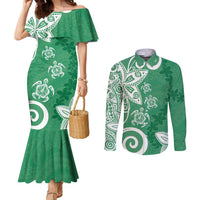 Polynesia Couples Matching Mermaid Dress and Long Sleeve Button Shirt Green Tribal Turtle Floral Pattern