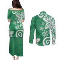 Polynesia Couples Matching Puletasi and Long Sleeve Button Shirt Green Tribal Turtle Floral Pattern