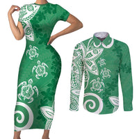 Polynesia Couples Matching Short Sleeve Bodycon Dress and Long Sleeve Button Shirt Green Tribal Turtle Floral Pattern