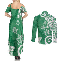 Polynesia Couples Matching Summer Maxi Dress and Long Sleeve Button Shirt Green Tribal Turtle Floral Pattern