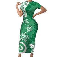 Polynesia Family Matching Short Sleeve Bodycon Dress and Hawaiian Shirt Green Tribal Turtle Floral Pattern