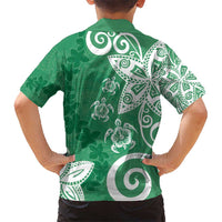 Polynesia Kid Hawaiian Shirt Green Tribal Turtle Floral Pattern