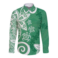 Polynesia Long Sleeve Button Shirt Green Tribal Turtle Floral Pattern