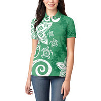 Polynesia Women Polo Shirt Green Tribal Turtle Floral Pattern