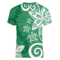Polynesia Women V-Neck T-Shirt Green Tribal Turtle Floral Pattern