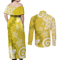 Polynesia Couples Matching Off Shoulder Maxi Dress and Long Sleeve Button Shirt Yellow Tribal Turtle Floral Pattern