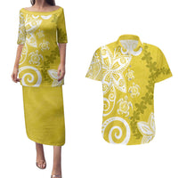Polynesia Couples Matching Puletasi and Hawaiian Shirt Yellow Tribal Turtle Floral Pattern LT05 Yellow - Polynesian Pride