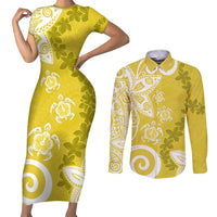 Polynesia Couples Matching Short Sleeve Bodycon Dress and Long Sleeve Button Shirt Yellow Tribal Turtle Floral Pattern