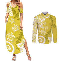 Polynesia Couples Matching Summer Maxi Dress and Long Sleeve Button Shirt Yellow Tribal Turtle Floral Pattern