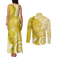 Polynesia Couples Matching Tank Maxi Dress and Long Sleeve Button Shirt Yellow Tribal Turtle Floral Pattern