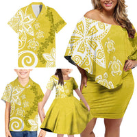 Polynesia Family Matching Off Shoulder Short Dress and Hawaiian Shirt Yellow Tribal Turtle Floral Pattern