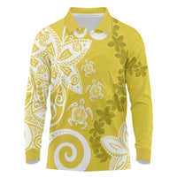 Polynesia Long Sleeve Polo Shirt Yellow Tribal Turtle Floral Pattern