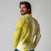 Polynesia Long Sleeve Polo Shirt Yellow Tribal Turtle Floral Pattern