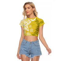 Polynesia Raglan Cropped T Shirt Yellow Tribal Turtle Floral Pattern