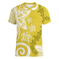 Polynesia Women V-Neck T-Shirt Yellow Tribal Turtle Floral Pattern