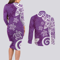 Polynesia Couples Matching Long Sleeve Bodycon Dress and Long Sleeve Button Shirt Purple Tribal Turtle Floral Pattern